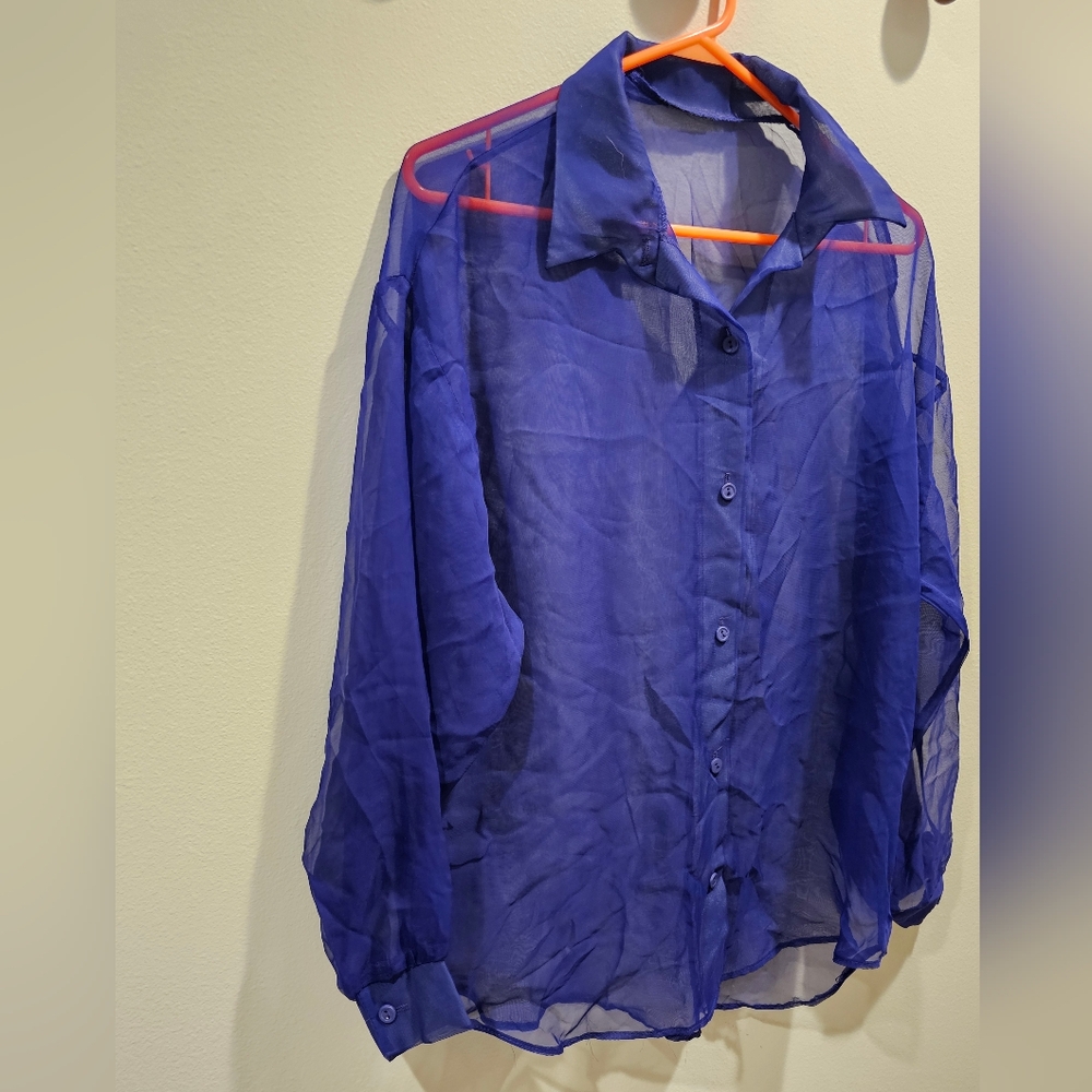 Vintage Sheer Blue Button-Up Blouse - Picture 2 of 4